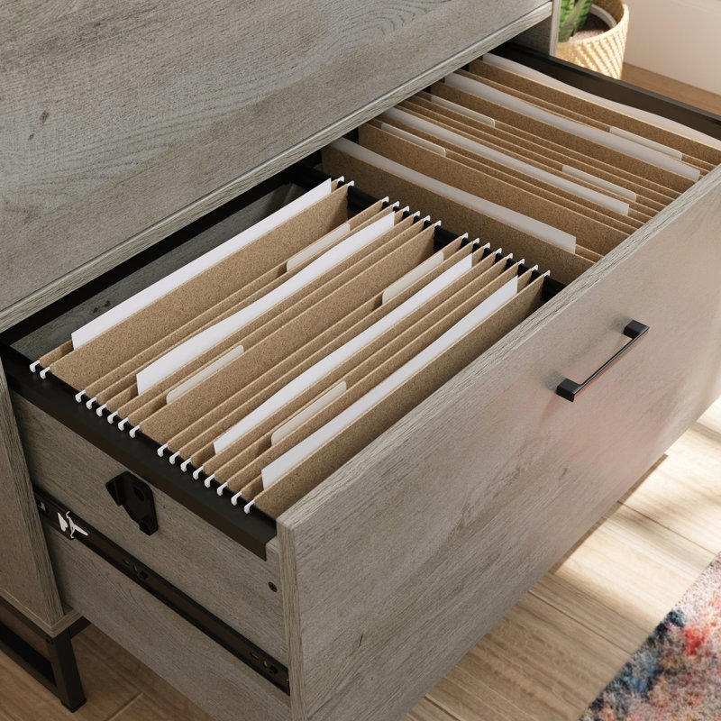 Classeur latéral brun, style contemporain, finition chêne, accents gris, glissières pleine extension, unité à deux tiroirs facile à installer, cadre, idéal pour le vestibule