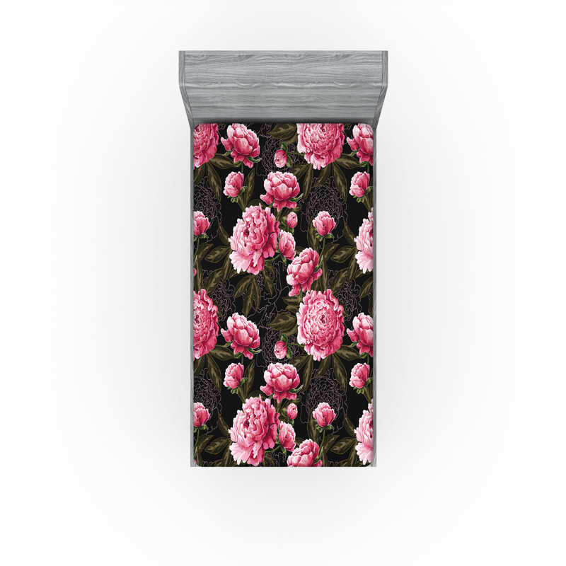 Ambesonne Peony Fitted Sheet Pastel Flowers Leafy Print Full Size Hot Pink Olive Green, Twin Fitted Sheet