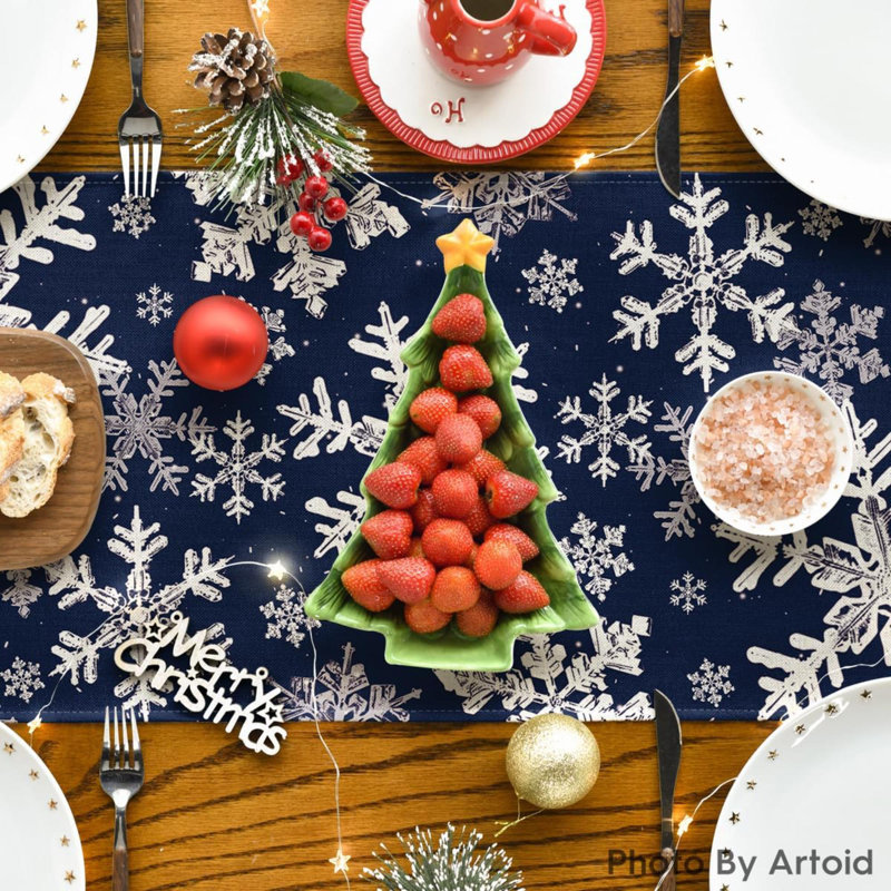 Snowflakes Christmas Table Runner, Seasonal Winter Holiday Kitchen Dining Table Decoration For Home Party Decor, Navy