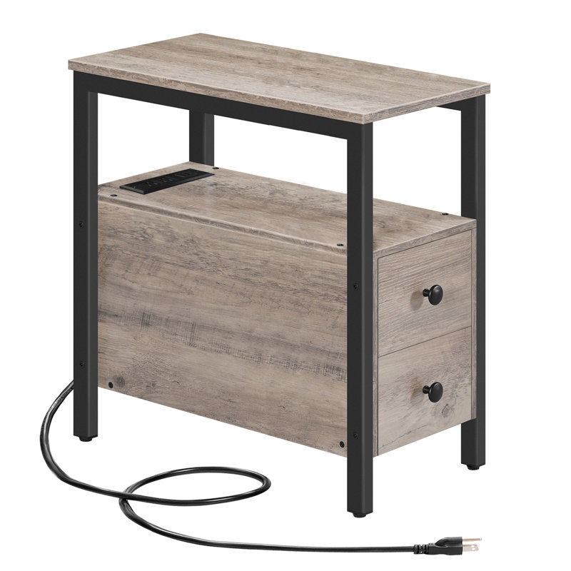 24'' Tall 2 - Drawer End Table with Storage and Charging Station, Black, Grey