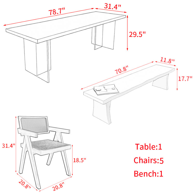 All solid wood acrylic floating dining table set, 29.5"H x 78.7"L x 31.4"W