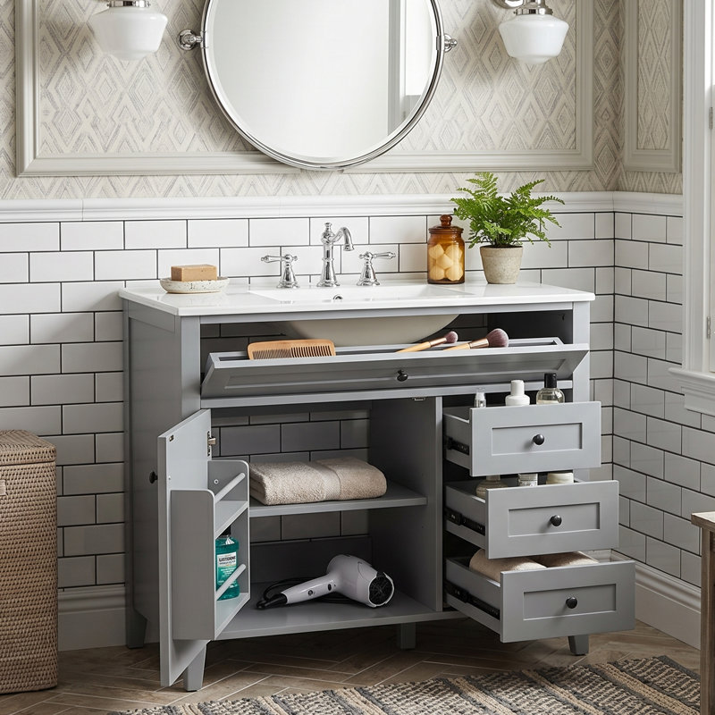 Meuble-lavabo moderne 36 po avec lavabo en céramique, armoire de rangement en bois d'hévéa massif avec tiroir basculant (noir / blanc / gris / vert)