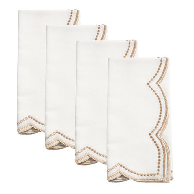Gold Embroidered Polka Dot Scallop Border Cloth Napkins 20" W X 20" L, Set Of 4