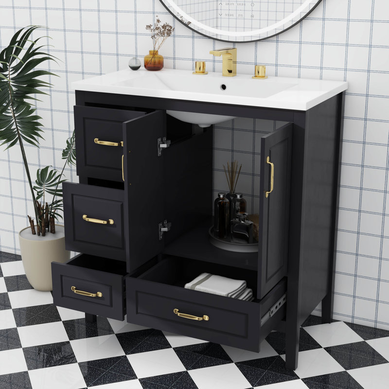 36 Inch Chic And Graceful Bathroom Vanity With A Sink One Soft Closing Cabinet And 4 Soft Closing Drawers, Black