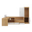 Lit plateforme double en bois avec 6 tiroirs, tablettes, bureau et garde-robe-438750649