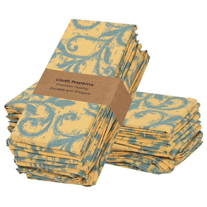 Serviettes de table 100% coton à imprimé multicolore, Jaune / feuille verte