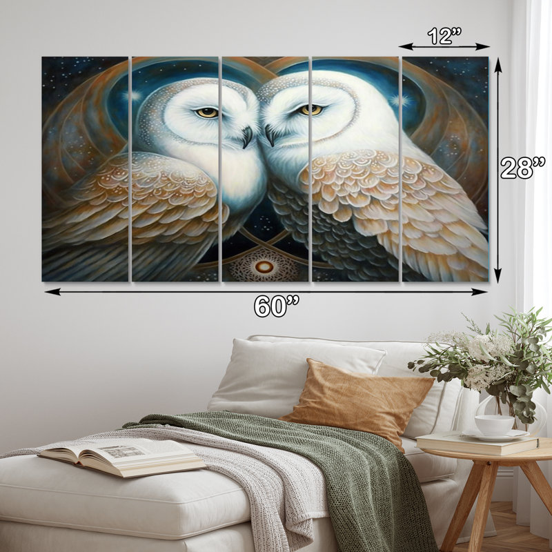 White Owls In Love - Animals Owl Wall Decor - 5 Equal Panels