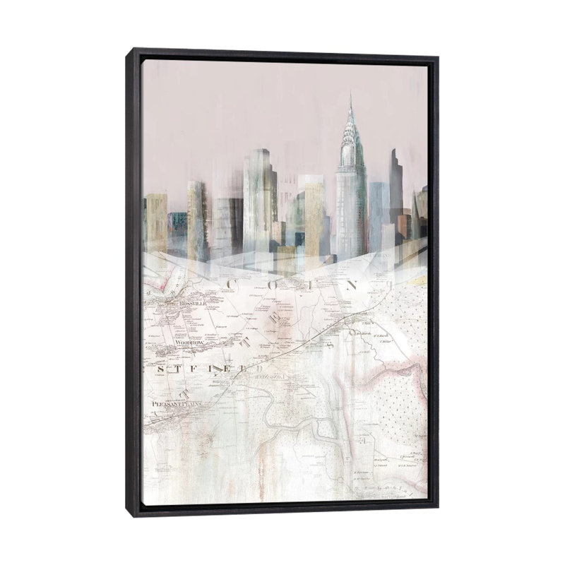 «Blush Manhattan Map II» par Isabelle Z - impression d'art graphique, Toile avec cadre noir patiné, Aucun mat
