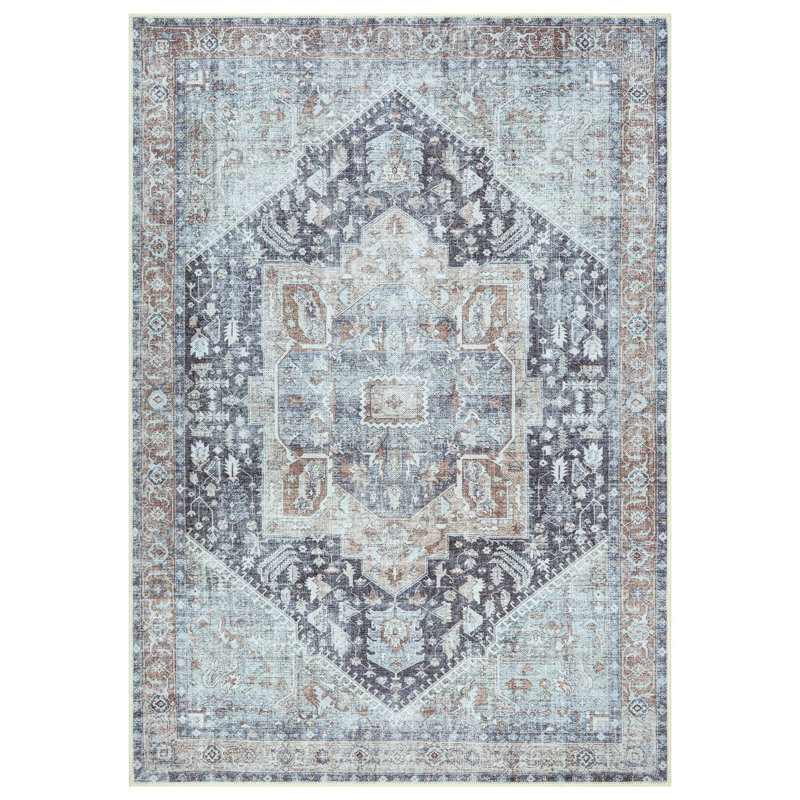GLN Rugs Vintage Collection - Machine Washable Area Rug, Vintage Washable Rug, Non Slip Area Rug, Low Pile Living Room Rug, Bedroom Rug, Bathroom Rug - Easy Clean (Brown and Gray Area Rug)