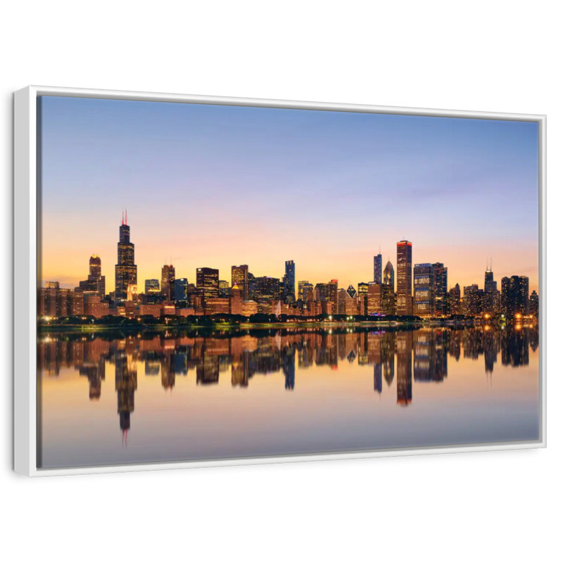 Chicago, reflet de l'horizon, 46 po x 31 po, Cadre flottant blanc
