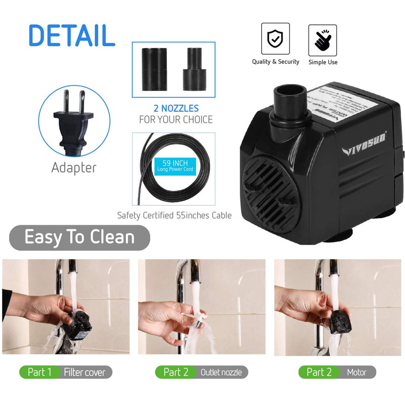 120GPH Submersible Ultra Quiet Water Pump(450L/H, 6W)With 3.1Ft High Lift, 5Ft Power Cord And 2 Nozzles