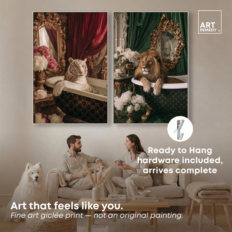 «Feline Glam Bath Duo», ensemble de décorations sur toile encadrées par Art Remedy, cadre argenté, 36 x 54, H 55 po x l 37 po