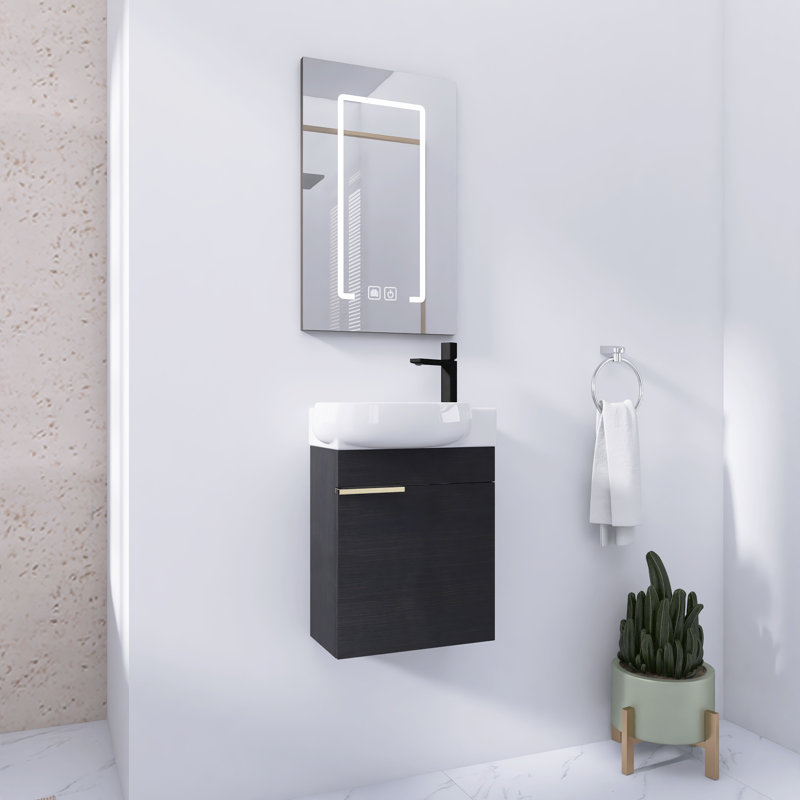 Meuble-lavabo à fermeture en douceur 16 po avec comptoir en céramique, Noir, noir, noir, noir
