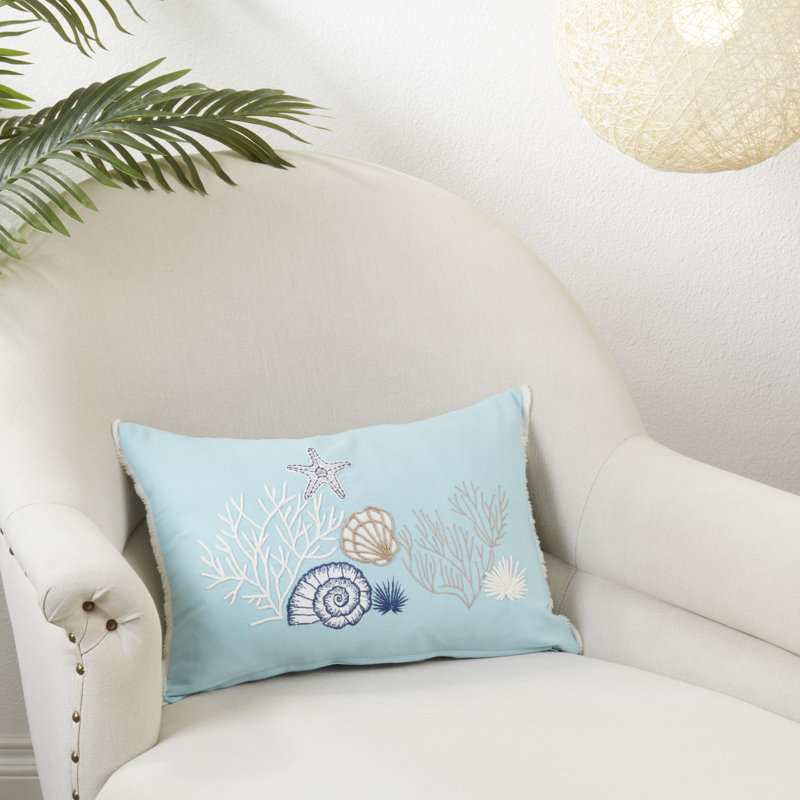 Seashell Serenity Blue Cotton Rectangular Throw Pillow