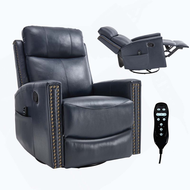 Genuine Leather Heat Massage Manual Recliner Chair with Rocker & Swivel for Living Room, Blue