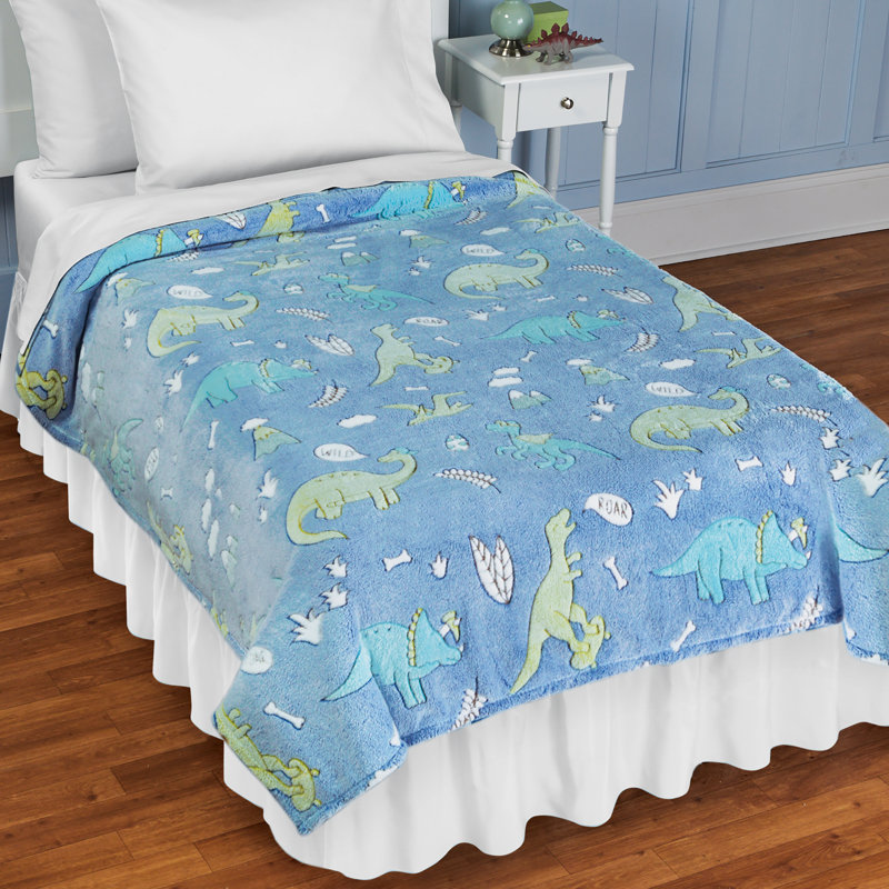 Blue Glow-in-the-Dark Dinosaur Knitted Throw Blanket
