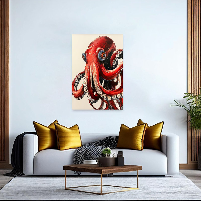 «Vibrant Red Octopus Octopus Beach», art mural, H 60 po x l 40 po