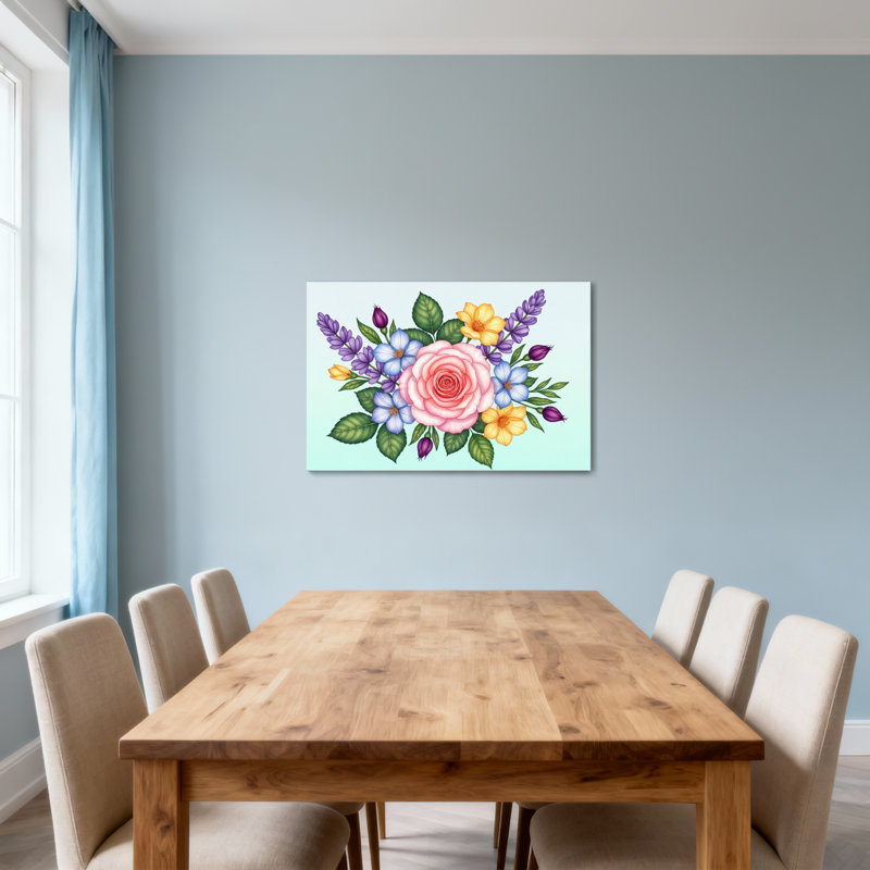 Arrangement floral de plantes et de fleurs avec rose rose et fleurs colorées, H 20 po x l 30 po