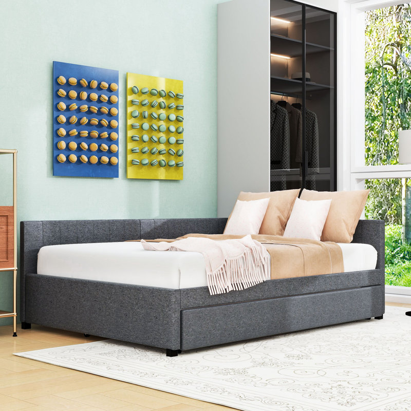Linen Upholstered Daybed with Twin Trundle, Gray, Full/Double