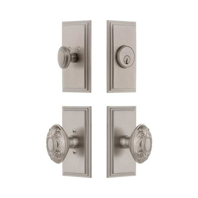 Grandeur Carre Short Plate Entry Set with Grande Victorian Knob in Antique Pewter