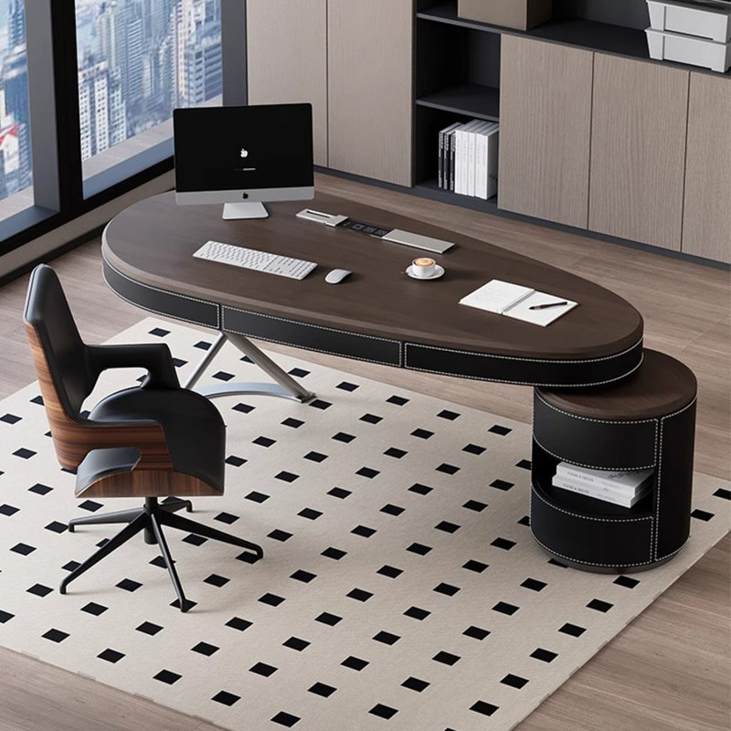 Bureau 3 tiroirs brun + gris + bois ovale noir + acier laminé à froid, 29.53" H x 62.99" W x 27.56" D