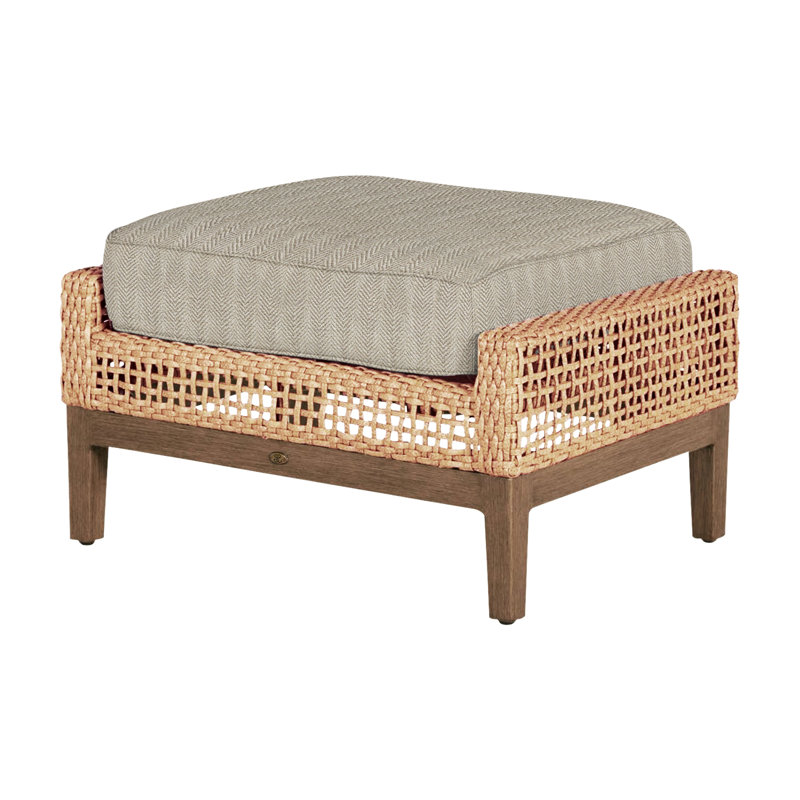 Peninsula Outdoor Ottoman with Cushion, Light Raffia/Natural Sandalwood, Herringbone Sand, Welt + Standard fill