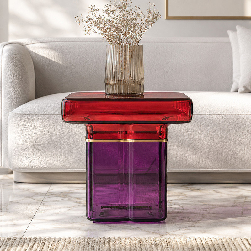 Table de bout sculpturale moderne en verre 19 po LUXMOD, table d'appoint carrée bicolore, 18.9, RED