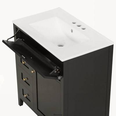 Meuble-lavabo autoportant de 30 po avec comptoir d'évier, panneau de fibres à densité moyenne et bois d'hévéa avec 3 tiroirs et tablette réglable, noir