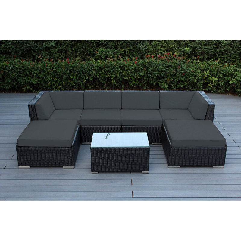 Billyjo Wicker 4 - Person Seating Group with Cushions - No Assembly, Black, Sunbrella Coal