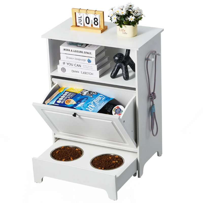 Station d'alimentation pour animaux 2 en 1 avec armoire de rangement, support pour bol moderne blanc avec 2 mangeoires surélevées, tiroir coulissant et crochets à jouets