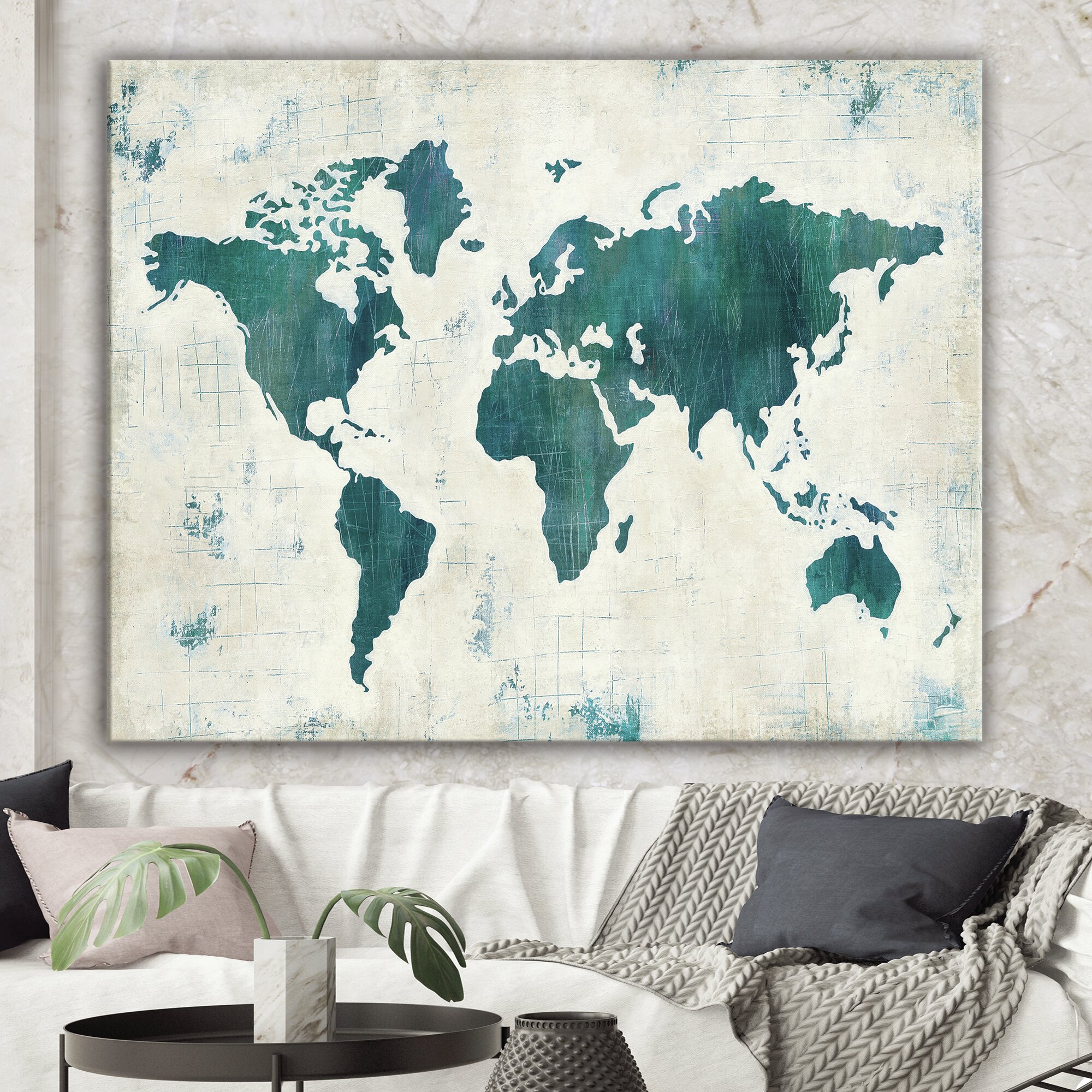 Bless international Discover The World Map In Blue On Canvas Painting ...