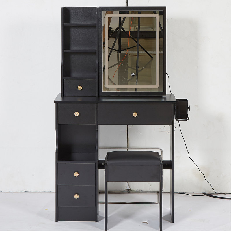 Small Size Left Drawer Desktop Vanity Table + Cushioned Stool, 2 AC+2 USB Power Station, Hair Dryer Bracket, Extra Large Touch Control Sliding LED Mirror, Tri-Colour Switching, EPA,GCC,UL Certificate