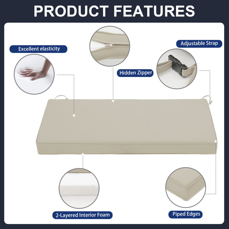 Waterproof Outdoor bench Cushions 3-year Color Fastness with Handle and Adjustable Straps, 42" W x 18" D, Beige