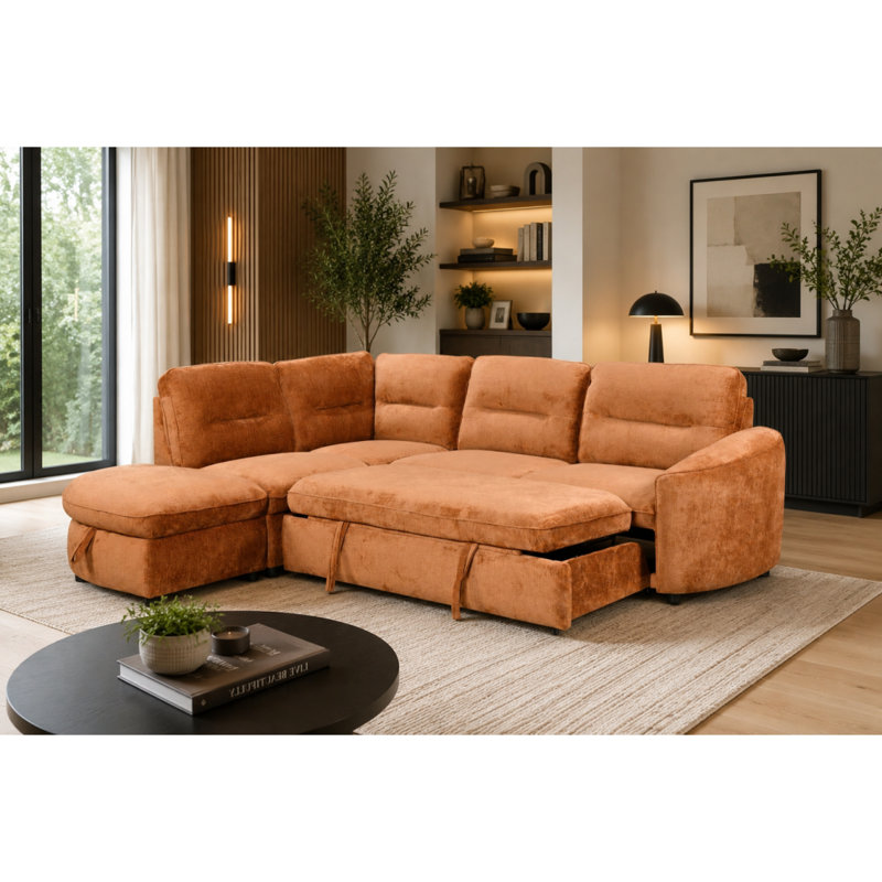  Canapé-lit modulaire avec méridienne Hudson, orange brûlé, Orange brûlé, Orienté vers la gauche