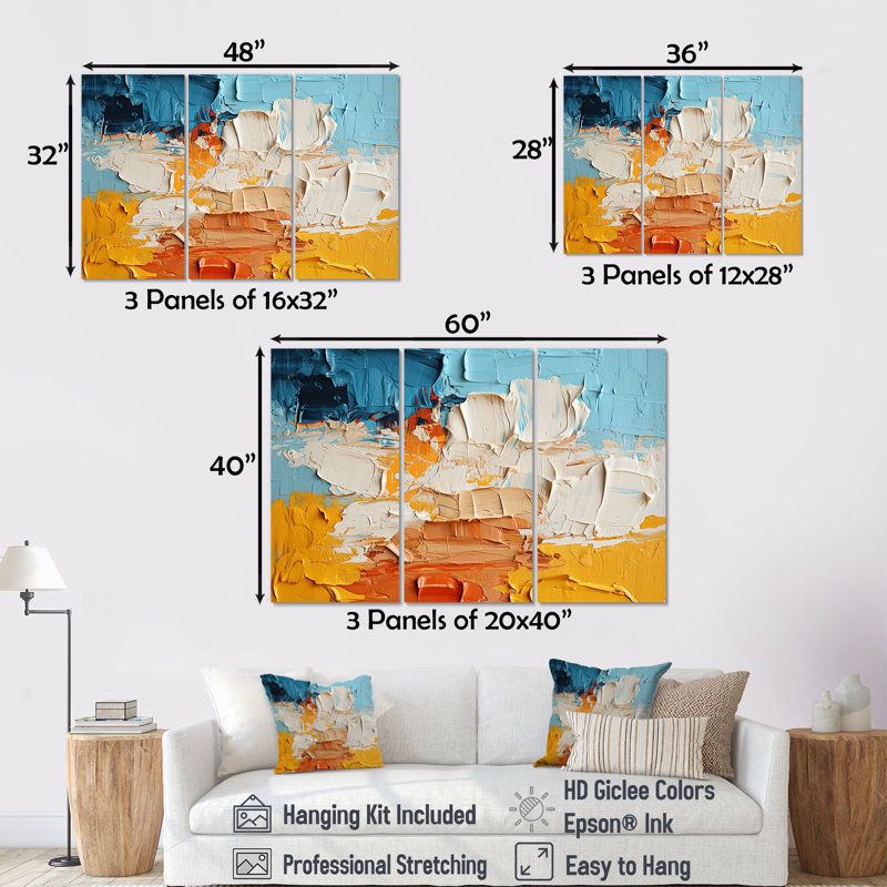 «Southern Sens sensibilité», bleu, jaune, orange, ensemble d'art mural abstrait, Toile tendue, H 32 po x l 48 po x P 1 po