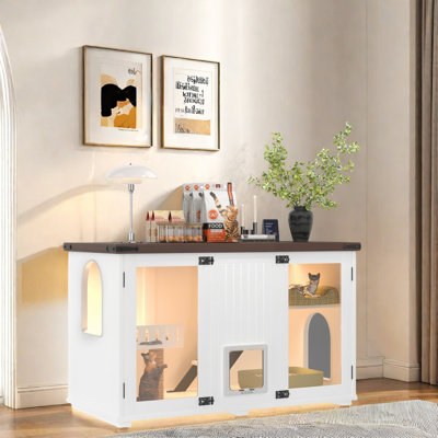Multifunctional Enclosed Cat Litter Box Furniture with Acrylic Door, Smart Locking Modes, LED Night Light, Scratching Post & Storage Platforms – Stylish Cat Cabinet