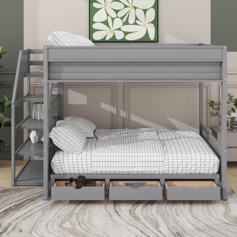 Full Size Convertible Bunk Bed With Drawers, Gray