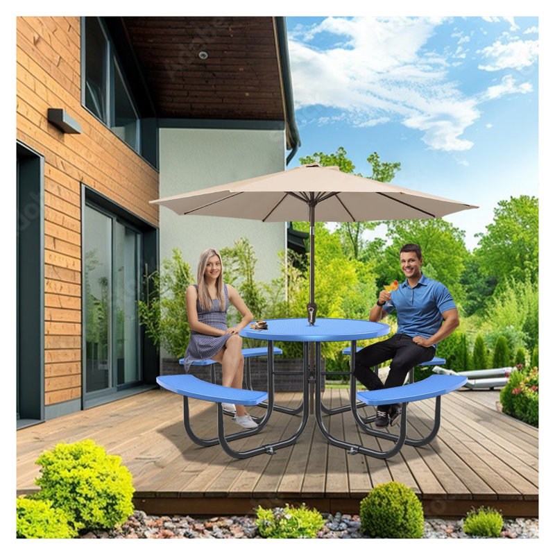 Commercial Grade Blue Round Picnic Table with Attached Seating - Heavy Duty Steel Outdoor Patio Furniture Set