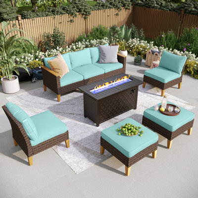 Phenice 7 - Person Wicker Outdoor Patio Furniture Set, Sectional Patio Set with Fire Pit Table