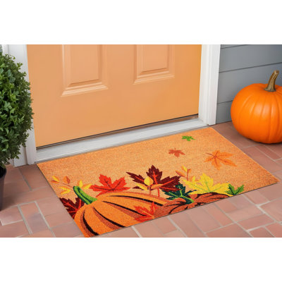 17" X 29" Natural Orange and Green Coir Pumpkins and Leaves Outdoor Fall Door Mat