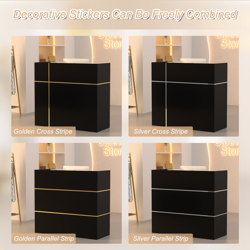 Reception Desk with Counter, Modern Front Table Equipped Lockers & Storage Shelves, 48-inch Checkout Counter with DIY Stripe for Lobbies, Salons, Retail, Home Offices, Reception Room