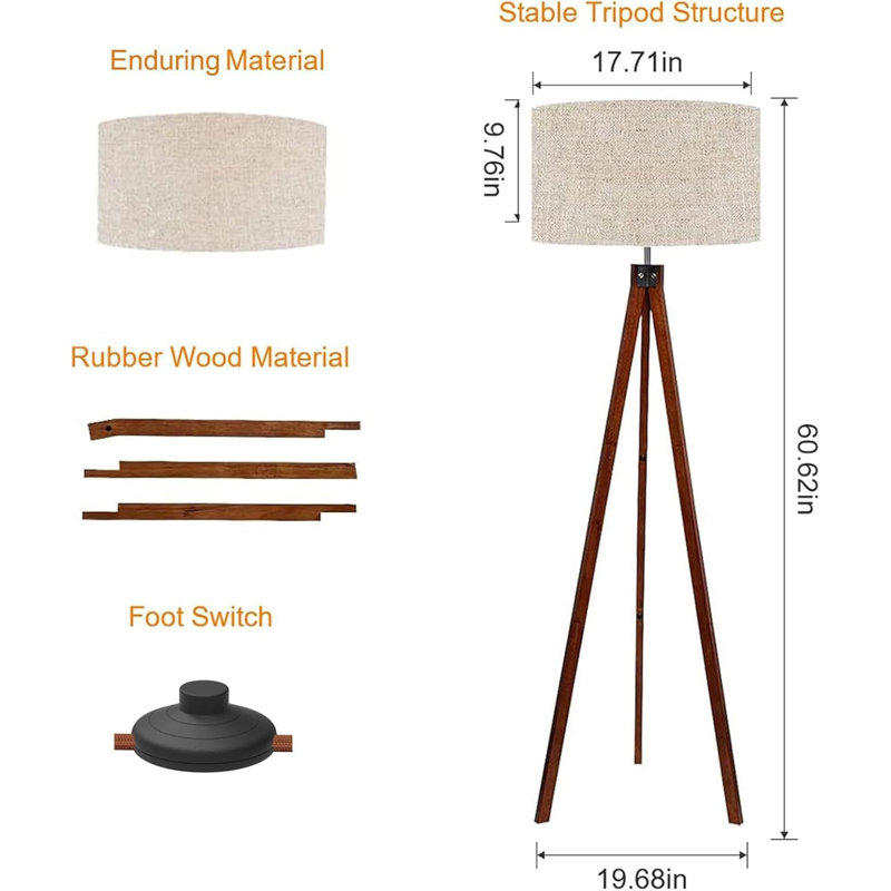  Wood Tripod Floor Lamp, Mid Century Standing Lamp, Modern Design Floor Light For Living Room, Bedroom And Office, Flaxen Lamp Shade With E26 Lamp Base Brown