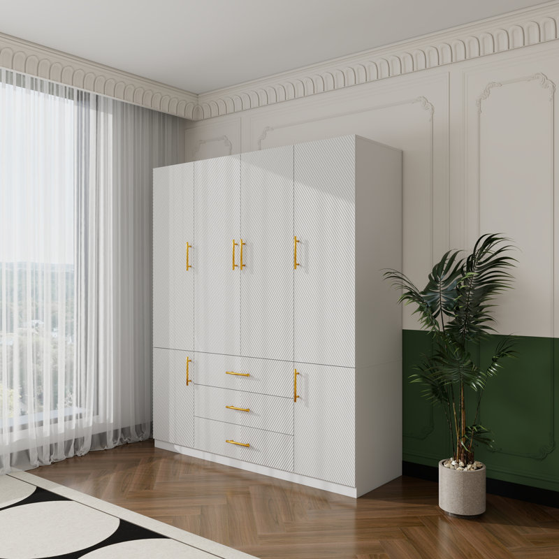 White Modern Wardrobe with 2 Hanging Areas, 3 Drawers & Multi Storage Compartments Bedroom