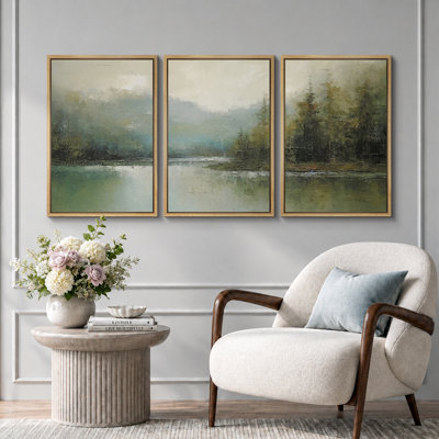 Abstract Landscape "Earthy Neutral Green Woodland Artwork, Serene Nature Lake Decor Wall Pictures, Framed Canvas Giclée Print 3 Pieces Wall Art"