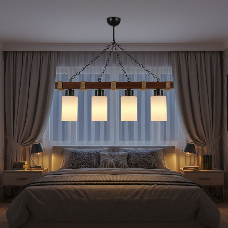 Lustre linéaire en bois et corde 4 lumières Eldredge