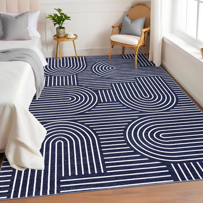 Large Area Rug 9x12 Modern Abstract Living Room Rug Non Slip, Thin & Foldable & Washable, Soft Non Shedding Low Pile Carpet, Indoor Decorative Printed Mat for Office, Blue