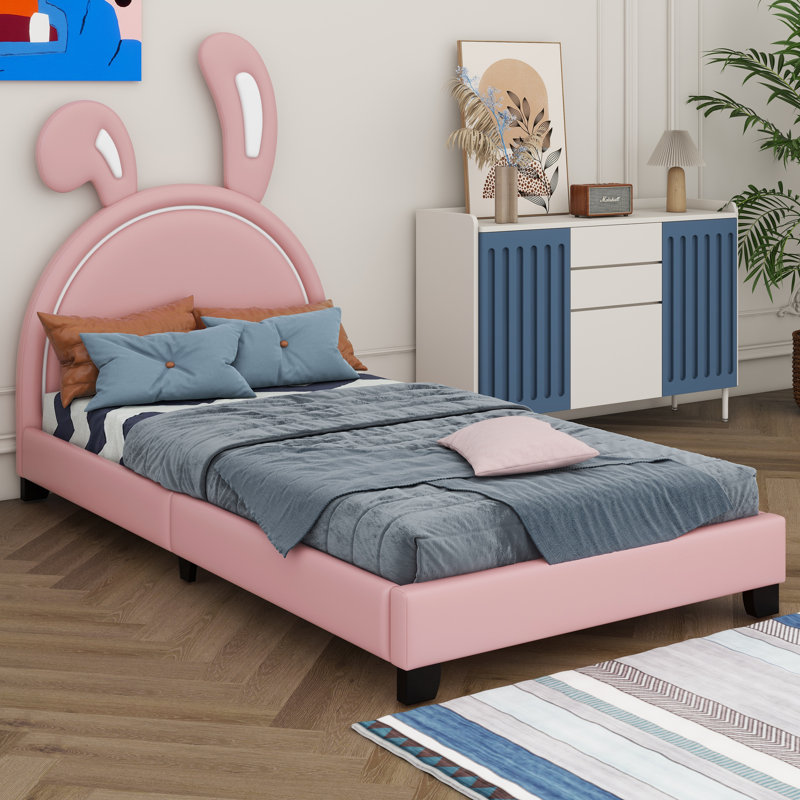 Lit plateforme tapissier en similicuir, Simple, Rose