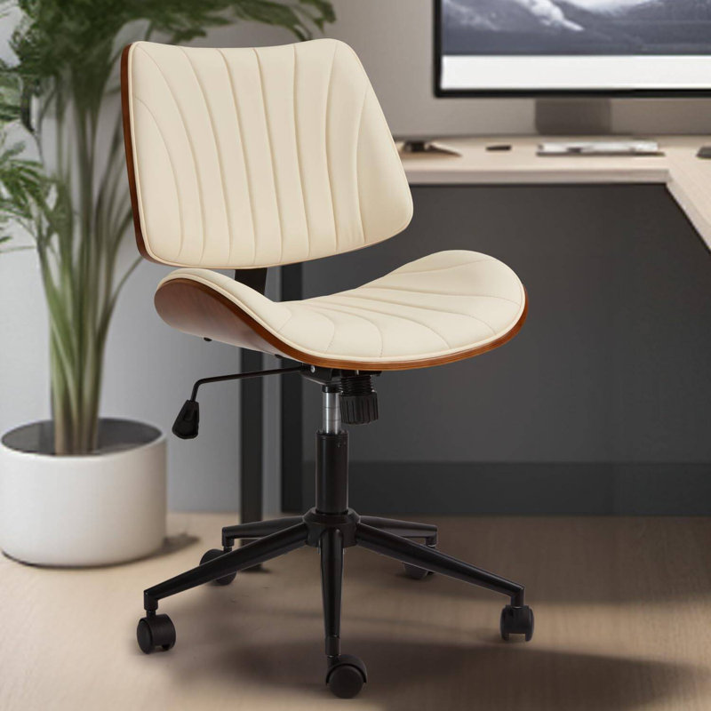 Chaise de bureau sans accoudoirs avec dossier en bois - Chaise pivotante moderne à hauteur réglable pour petits espaces - Beige