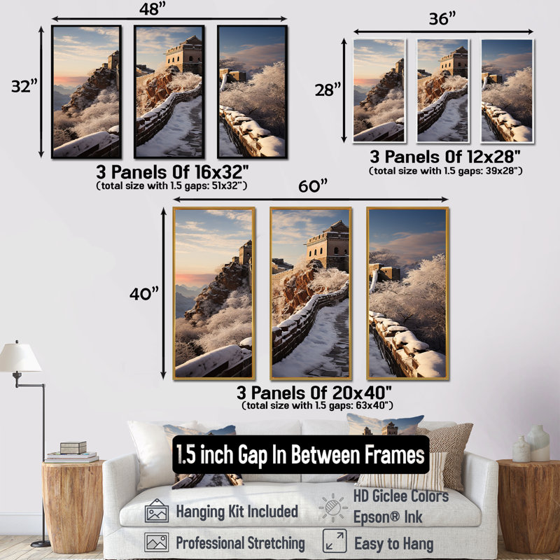 Grande muraille de Chine en hiver IV - Art mural japonais, Cadre flottant noir, H 32 po x l 48 po