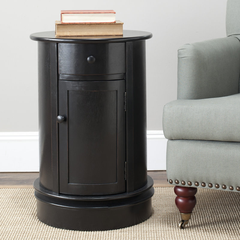 Regan Solid Wood Swivel Drum End Table with Storage, Distressed Black